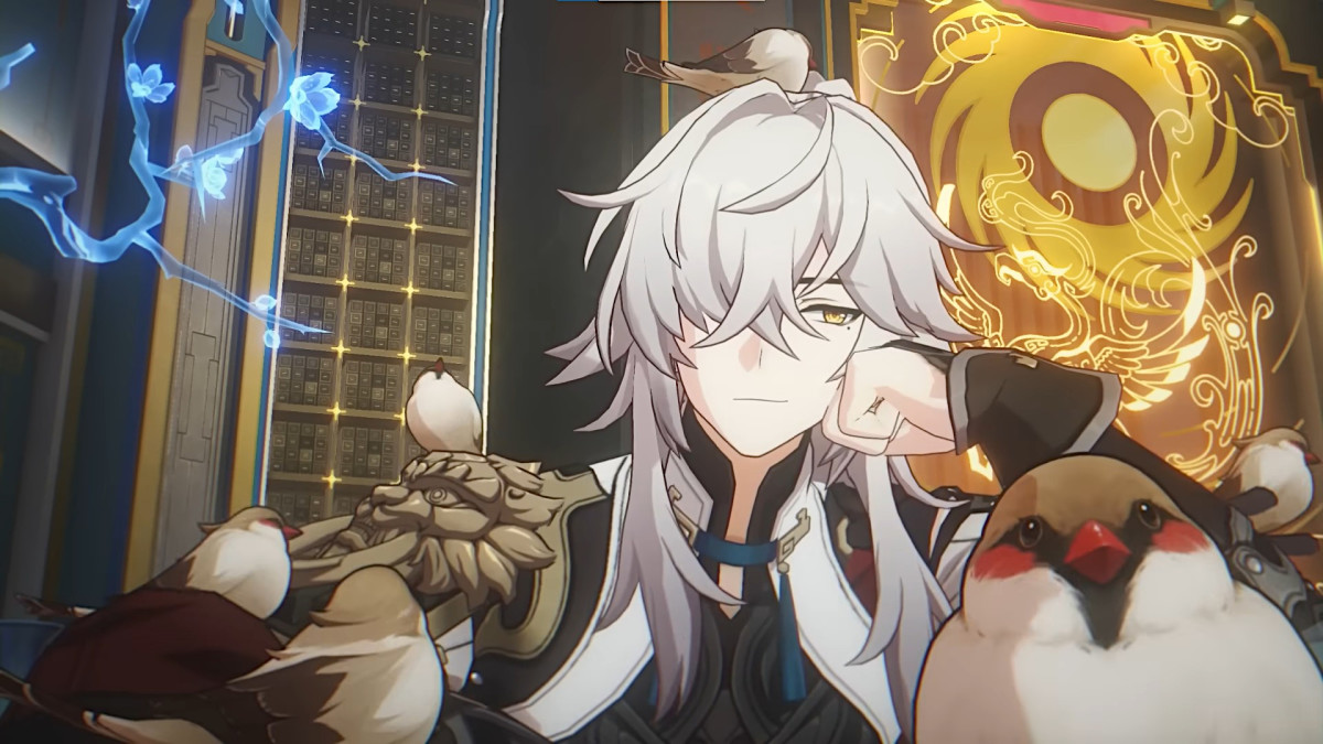 An anime man with shoulder-length white hair reclines on a golden throne with his left hand resting against his chin.